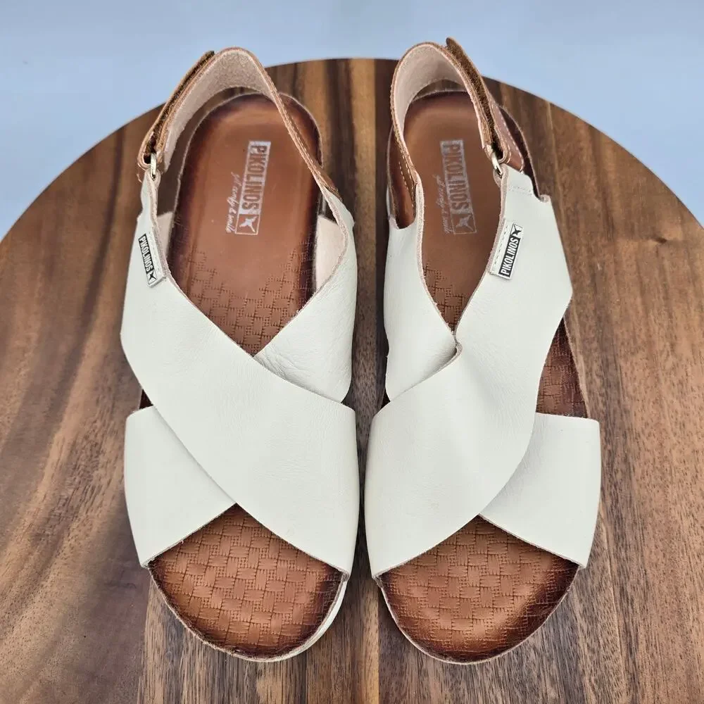 Pikolinos Mahon Sandals Womens 7 Ivory Leather Slingback Adjustable Cross Strap